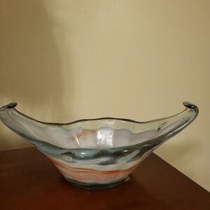 Murano Red Orange White And Green Swirls  4.25 x 11.5 x 6.5  Glass Art Bowl